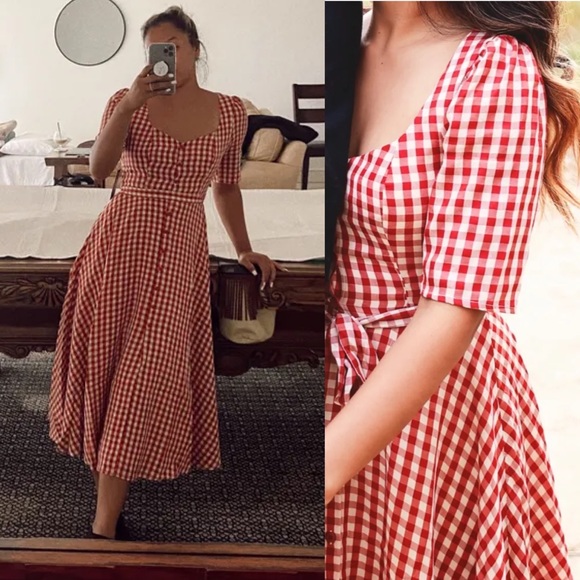 Red Gingham Plaid Button-Up Short-sleeve Midi Dress 🌿 - Picture 10 of 12